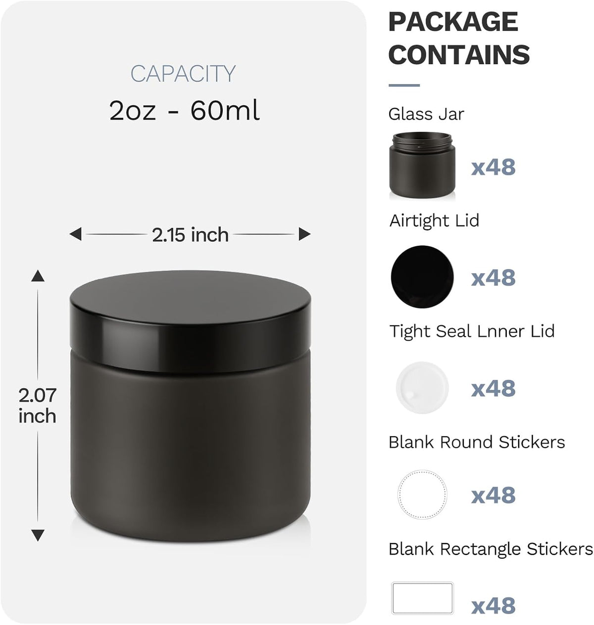 Bumobum 48 Pack 2 oz Black Small Glass Jars with Black Lids