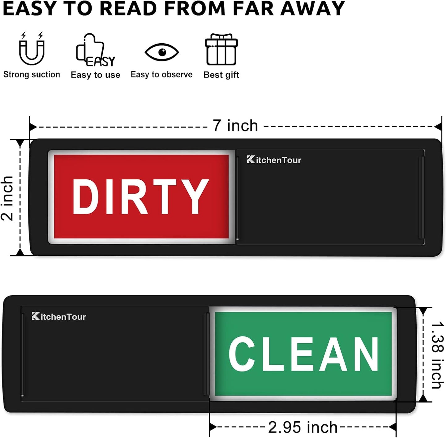 KitchenTour Clean Dirty Dishwasher Magnet - Upgrade Super Strong Magnet Version - Easy to Read Non-Scratch Magnetic Indicator Sign with Clear, Bold & Colored Text - Black