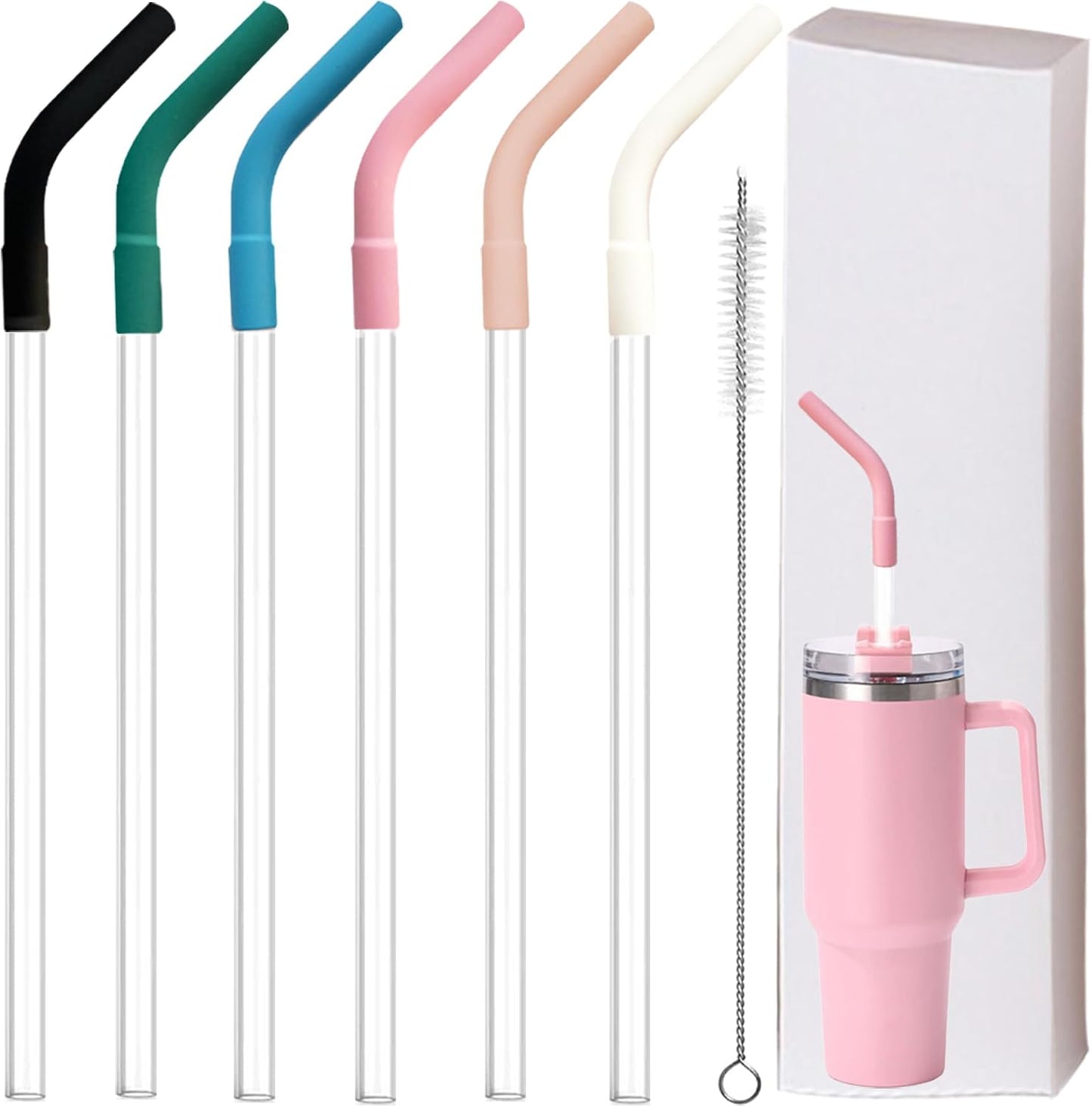 6 Pcs Reusable Silicone Straw Tips with Drinking Long Straws Compatible with Stanley 40/30 oz Cup Tumbler, 6 Flex Elbow Silicone Straw Covers for 8-10mm Diameter Straws, 1 Straw Cleaning Brush