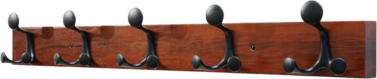 SKOLOO 30-Inch Cherry Wood Coat Rack Wall Mount with 5 Triple Hooks - Ideal for Family Entrances, Classrooms, and Pet