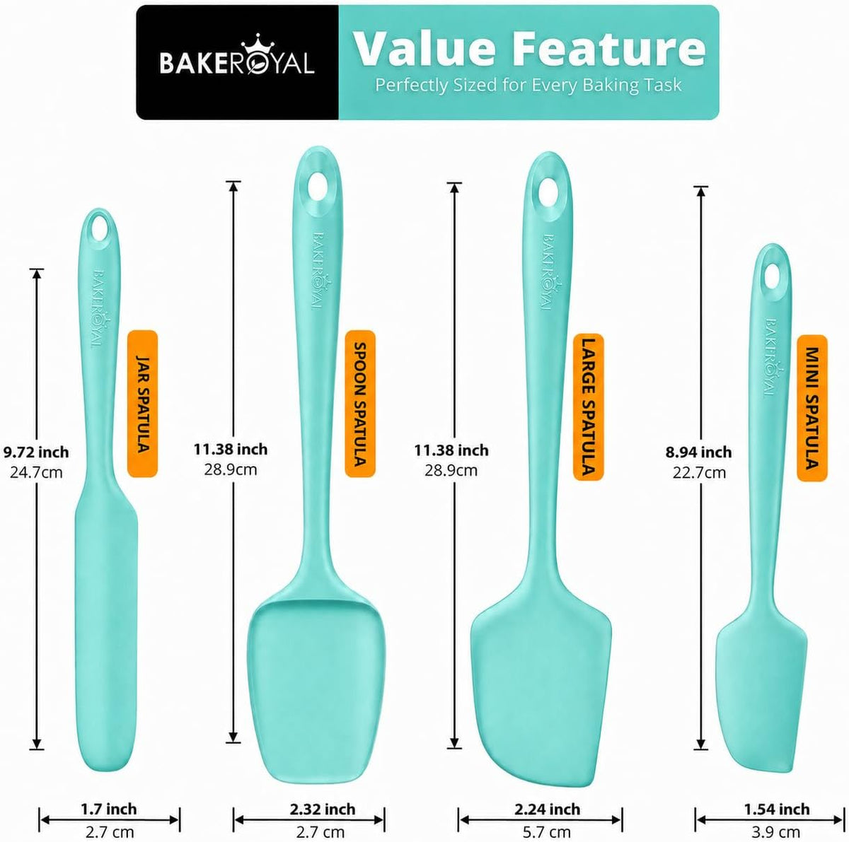 BakeRoyal Silicone Spatula Set, 600°F Heat Resistant, 4 Piece BPA-Free Food Grade Silicone Kitchen Utensils Set for Baking, Cooking &amp; Mixing, Non Stick Silicone Cooking Utensils Set - Aqua