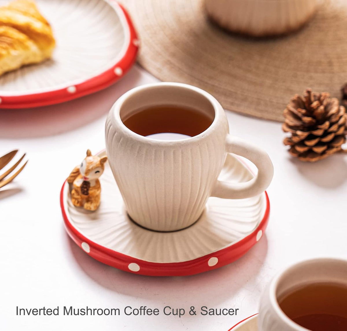 Cute Mushroom Mug with Saucer, Handmade Glaze Polka Dot, with Squirrel Decoration on the Plate. Safety Matt Ceramic Coffee Cups, 11 oz Cartoon Tea Cup. Best Gifts for Women &amp; Girls.