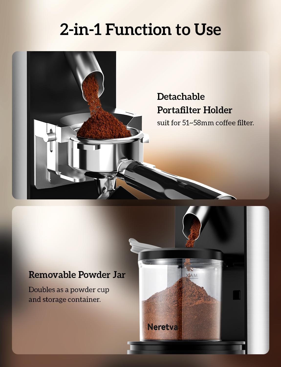 Neretva Stainless Steel Espresso Grinder with Portafilter Holder, Silver | 2 IN 1 Use Espresso Burr Grinder with 30 Grind Settings Anti-Static Coffee Grinder for Espresso/French Press/Drip/Siphon