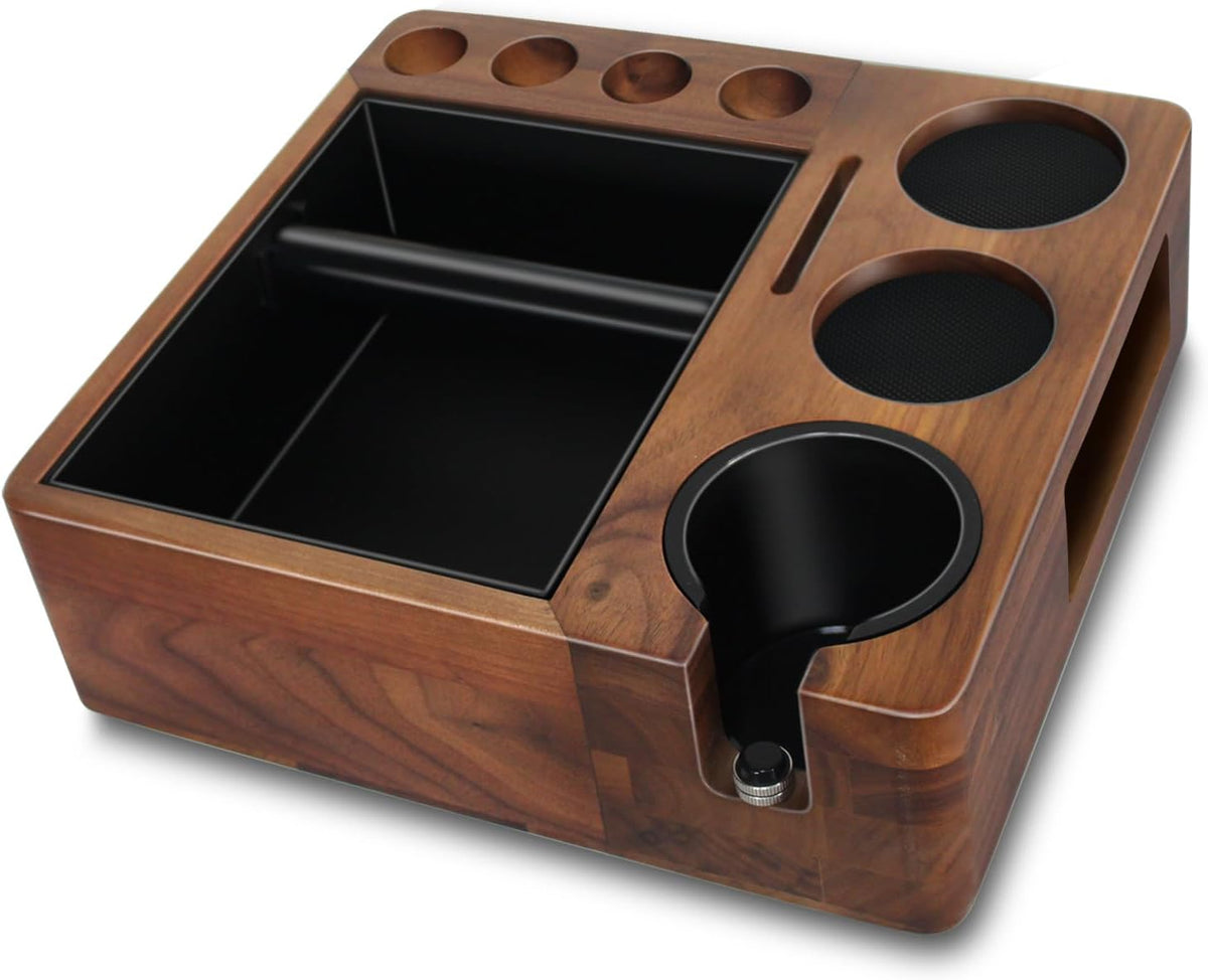 Espresso tamping station and knock box,Wooden portafilter holder,Espresso organizer station box,Tamping station fit for storage 51/54/58mm coffee accessories,Multifunctional tamper station