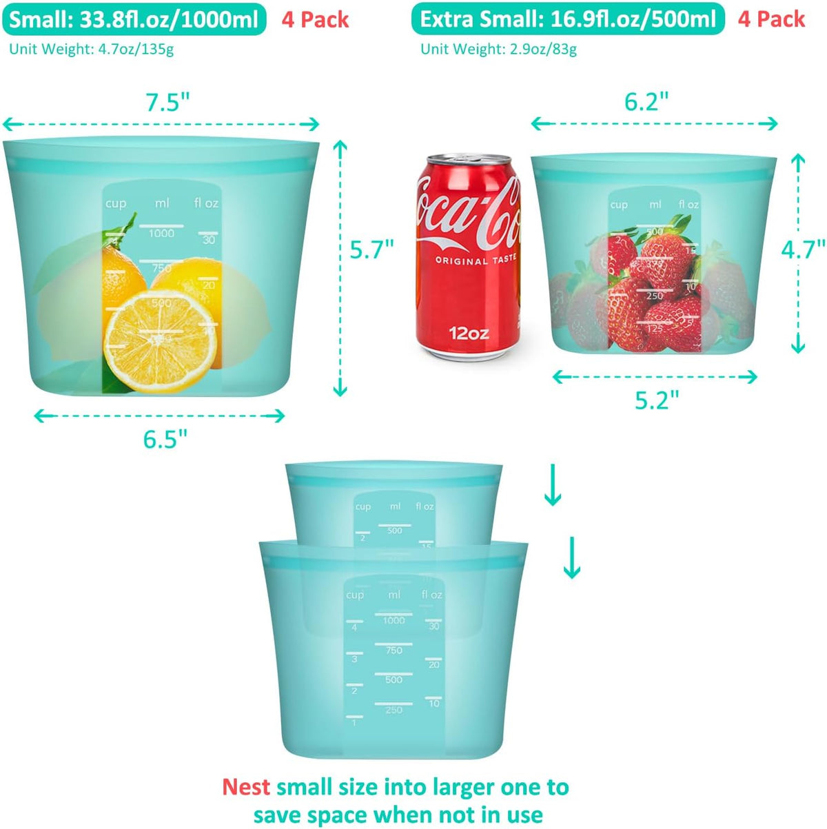 Reusable Sandwich & Snack Bags, 8 Pack 100% Silicone Food Storage Bags Stand Up Zip Lock for Food Container, Freezer Microwave Oven Dishwasher Safe, 4 Small 4 Extra Small, Aqua