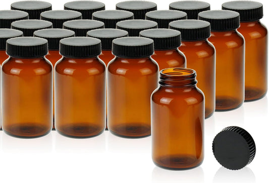 Wide Mouth Packer Bottle, Amber Glass, 200 ML (6.7 OZ) Capacity with 45-400 Black Polyethylene Screw Cap Lined PE Septa,