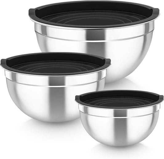 TeamFar Mixing Bowls, 4.6/3 / 1.5 QT, Stainless Steel Nesting Salad Bowls with Airtight Lids Set, For