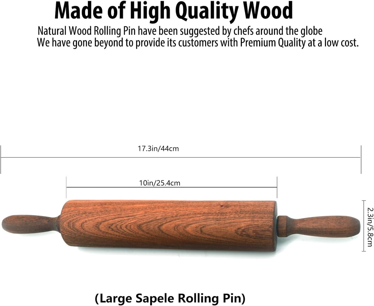 Classic Sapele Wooden Rolling Pin With Handles Large17.3"L x 2.3"W