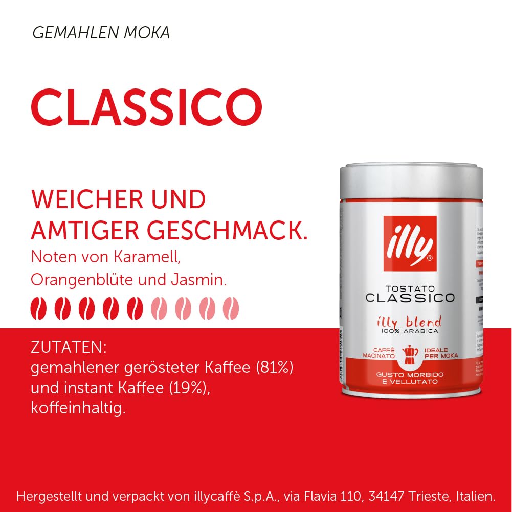 illy Ground Moka Coffee, Classico Medium Roast, 8.8 oz