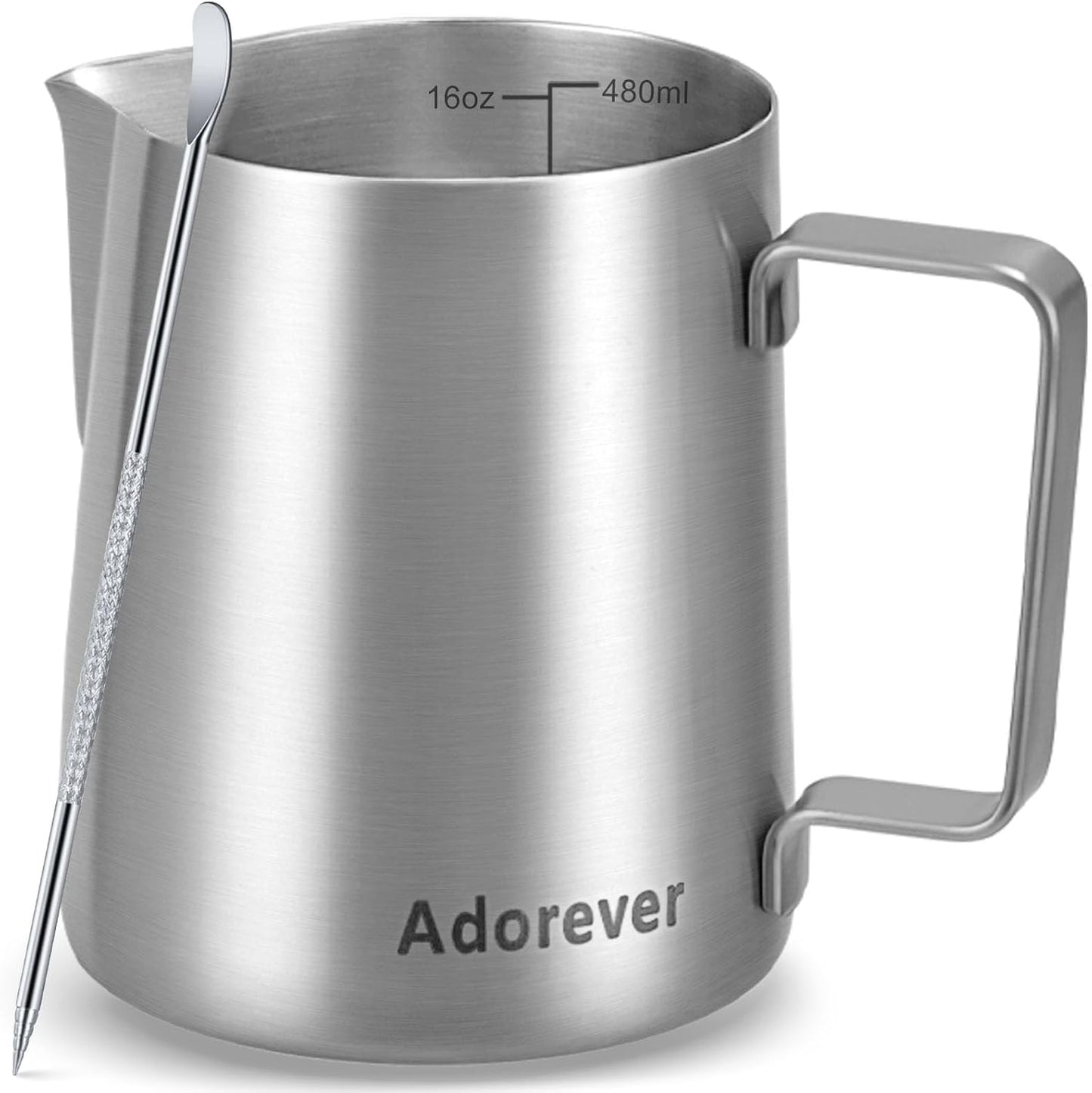 Milk Frothing Pitcher, 16oz Stainless Steel Milk Frother Cup Steaming Pitcher, Cappuccino Espresso Accessories Coffee Bar Barista Tools, Metal Steamer Cup Milk Jug with Latte Art Pen