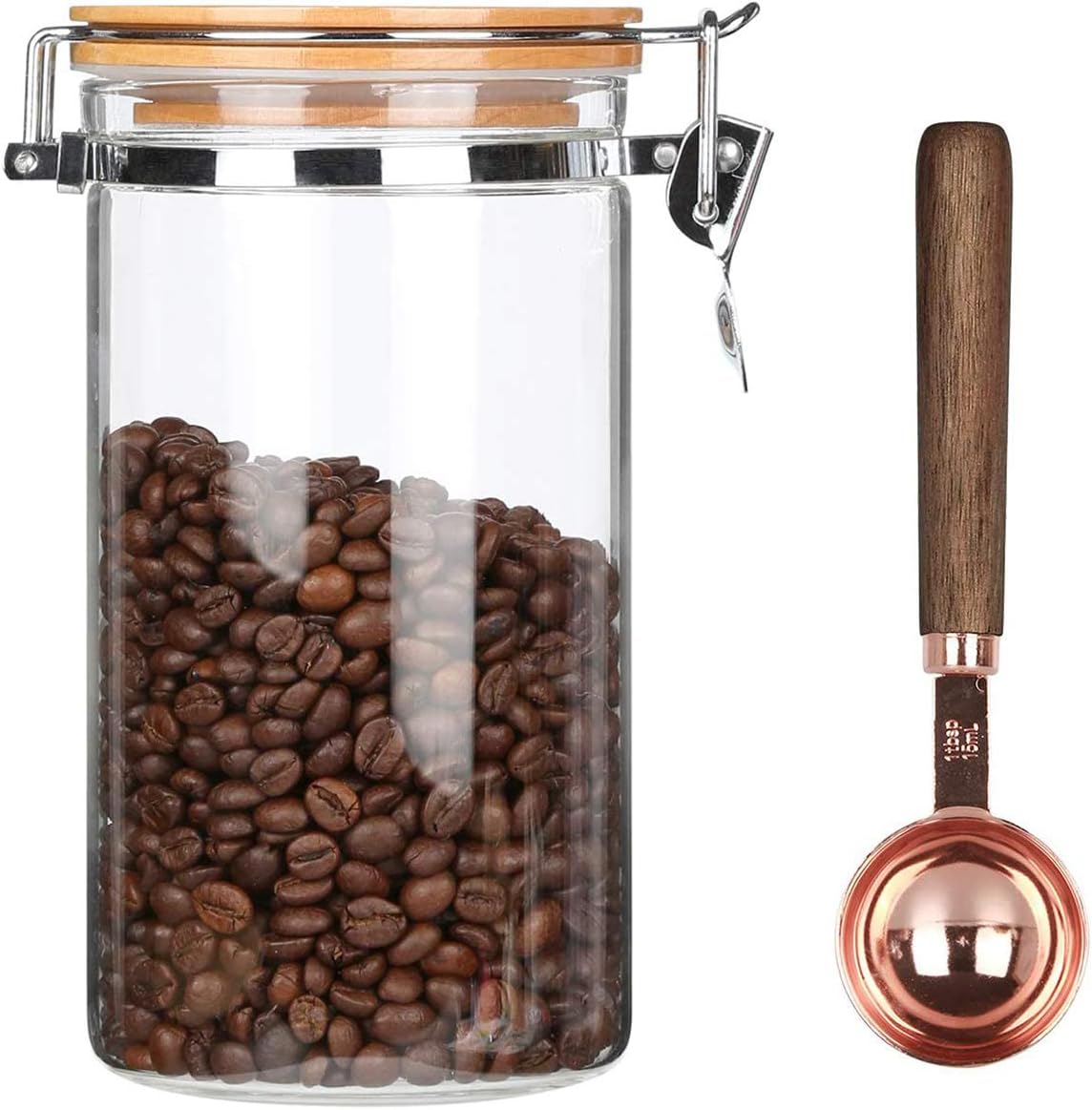 KKC HOME ACCENTS 40 oz Glass Coffee Container (Holds 1 lb Coffee Beans) with Airtight Bamboo Lid and 1 Tbsp Wood Spoon - Clear Coffee Jar Canister for Grounds Storage, Aesthetic Kitchen Counter Decor