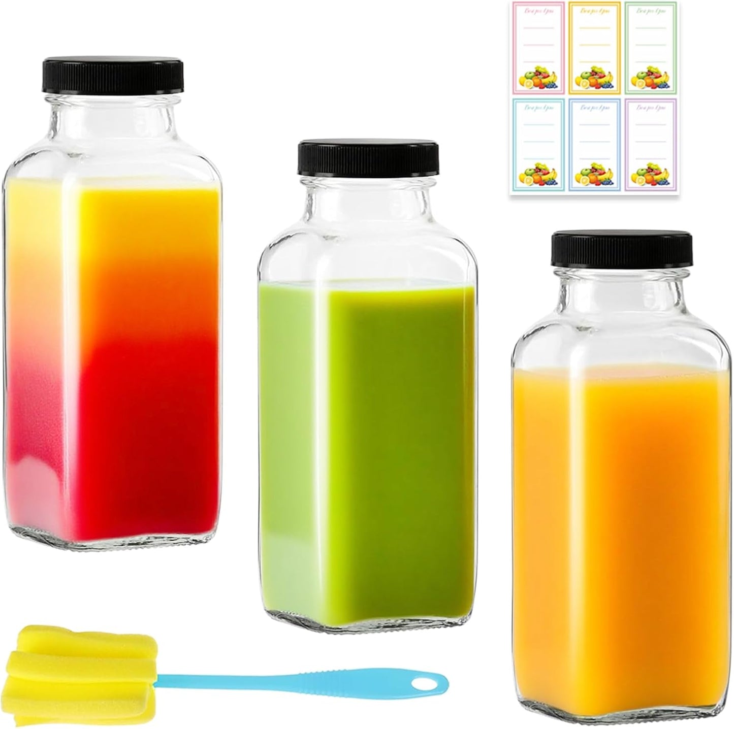 3 Pack 12oz Glass Drink Bottles with Lids, 360ml Vintage Glass Water Bottles with Caps, Reusable Jui