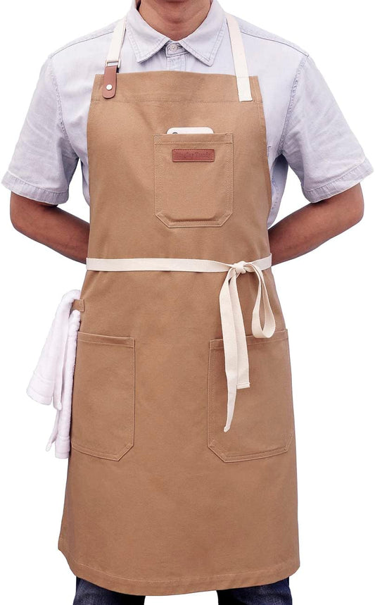 Kitchen Apron, Mens Womens Professional Chef Bib Apron for Cooking Grill BBQ, Cotton with Pockets Towel Loop and Adjustable