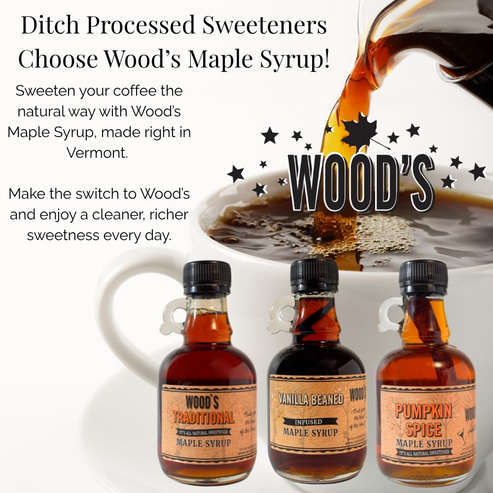 WOOD'S Vanilla Beaned Maple Syrup – Infused Vermont Maple Syrup with Real Vanilla Bean Pod | Smooth, Rich, All-Natural &amp; Vegan Sweetener | Perfect for Breakfast, Baking, Seafood, Popcorn &amp; More | 8.45 Fl Oz (250mL)