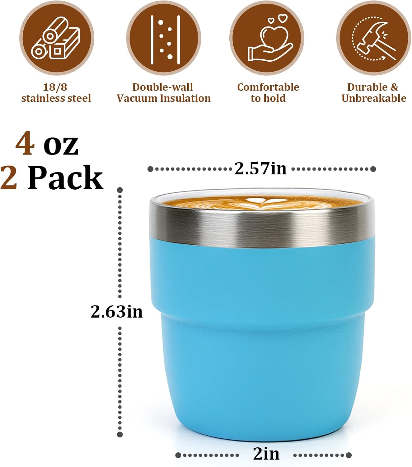 Zenbo 4 oz Espresso/Coffee Cups, Ceramic-Lined Double Wall Vacuum Insulated 18/8 Stainless Steel, Stackable &amp; Dishwasher Safe, Space-Saving, Compatible with Most Espresso &amp; Coffee Makers, 2 Pack