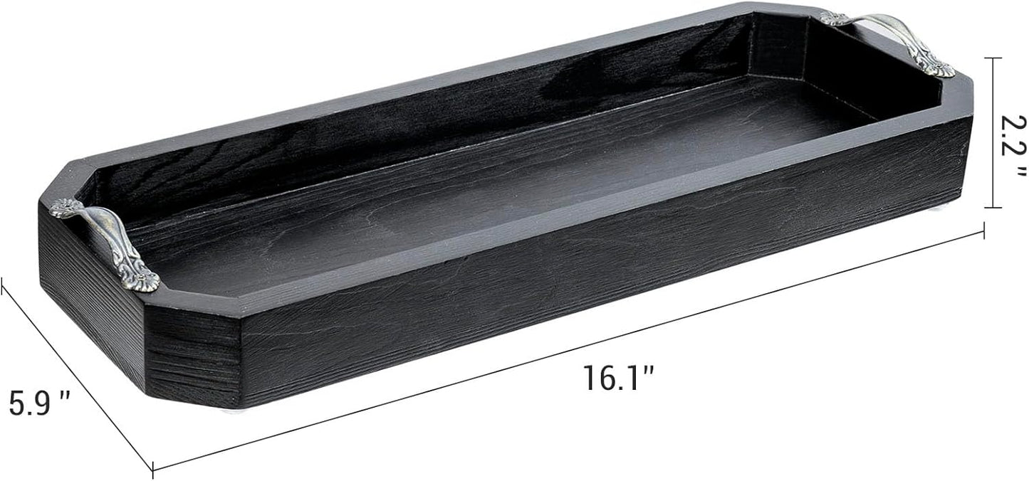 MyGift 16 Inch Modern Matte Black Toilet Tank Tray, Bathroom Sink Counter Solid Wood Octagonal Organizer with Aged Bronze Metal Handles, Wooden Vanity Storage Decor