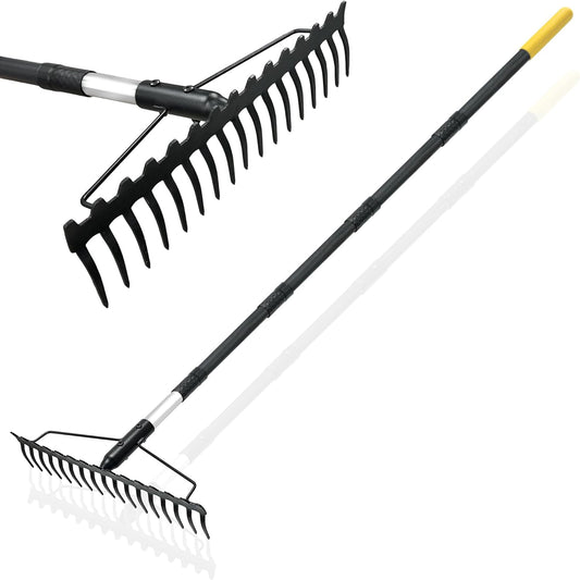 Bow Rake, 68-Inch Adjustable Handle Garden Rake with 17 Steel Tines, Heavy Duty Dual-Sided Metal Rake Landscape Gardening