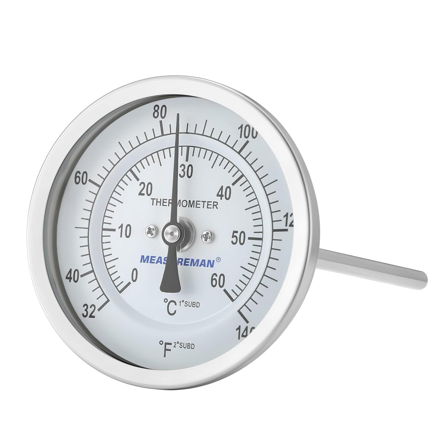 Measureman Fully Stainless Steel Bi-Metal Dial Thermometer, 3" Dial, 6" Stem, 32-140 deg F/0-60 deg C, +/-1% Accuracy, Adjustable, 1/2" NPT Back Mount
