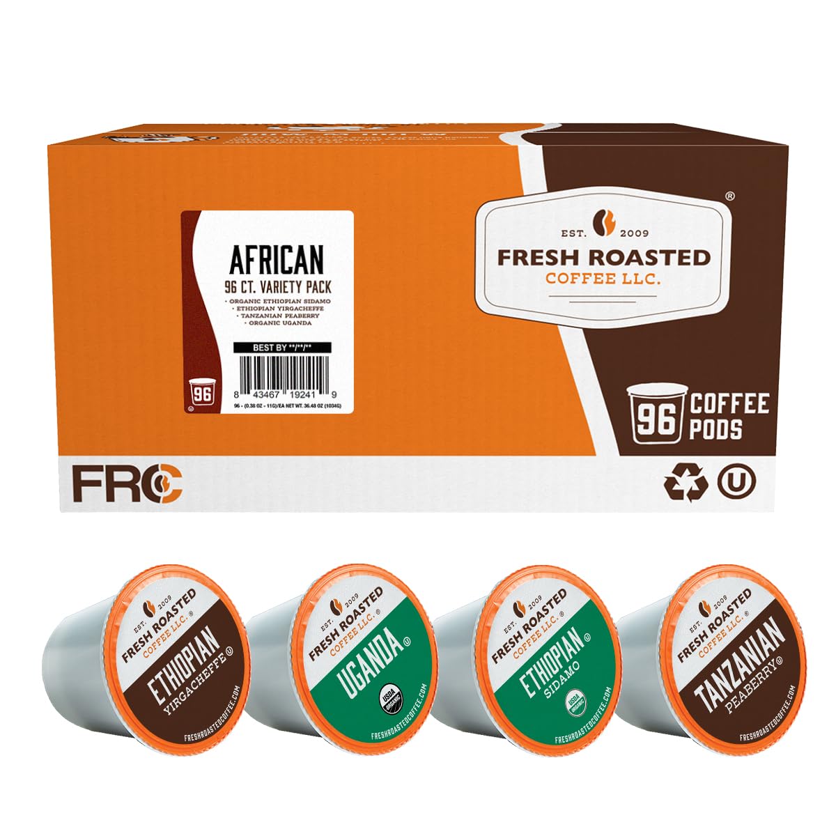Fresh Roasted Coffee, African Variety Pack K-Cup Pods for Keurig Brewers, Medium Roast, Kosher, 96 Count Loose Pack
