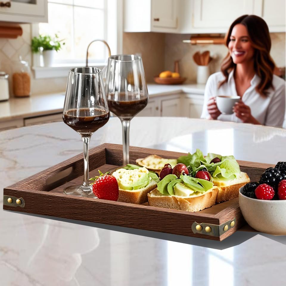 Wood Serving Tray with Handles for Breakfast in Bed, Coffee Table | 15.8 x 11 Inches Rectangular Pine Wood Decorative Tray, Ottoman Decorative Trays Platter for Living Room, Bar, Party
