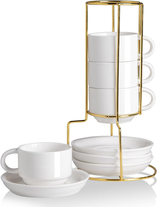 Sweejar Porcelain Espresso Cups with Saucers, 4 Ounce Stackable Cappuccino Cups with Metal Stand for Coffee Drinks, Latte,