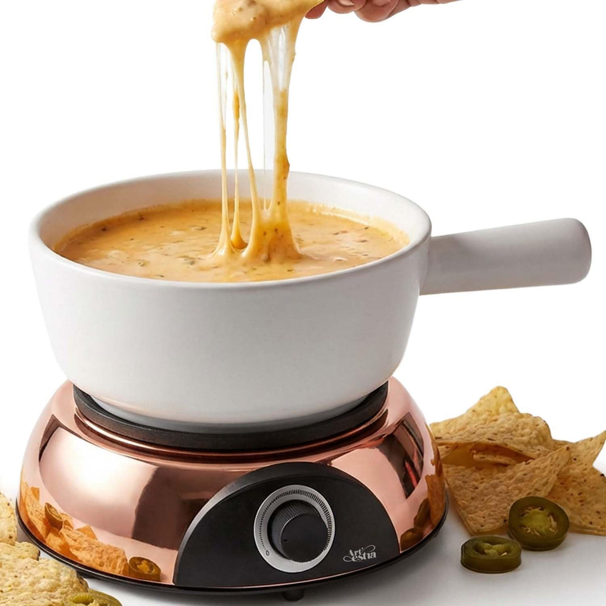 Artestia Electric Fondue Pot 2-QT 1500W, Dual-Use Swiss Fondue Set for Cheese & Chocolate Melting, Adjustable Temperature Control, White Ceramic Pot with Rose-Gold Base & 6 Forks