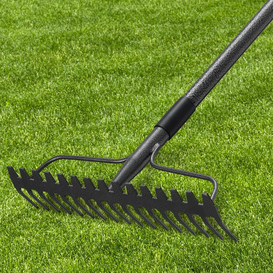 inch bow rake with 17 metal tines for garden soil loosening