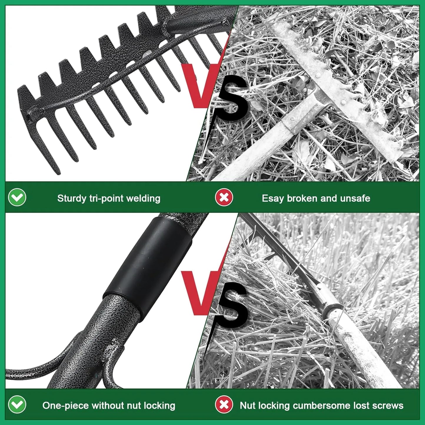 Heavy duty garden rake stainless steel handle lawn leveling and leaf gathering