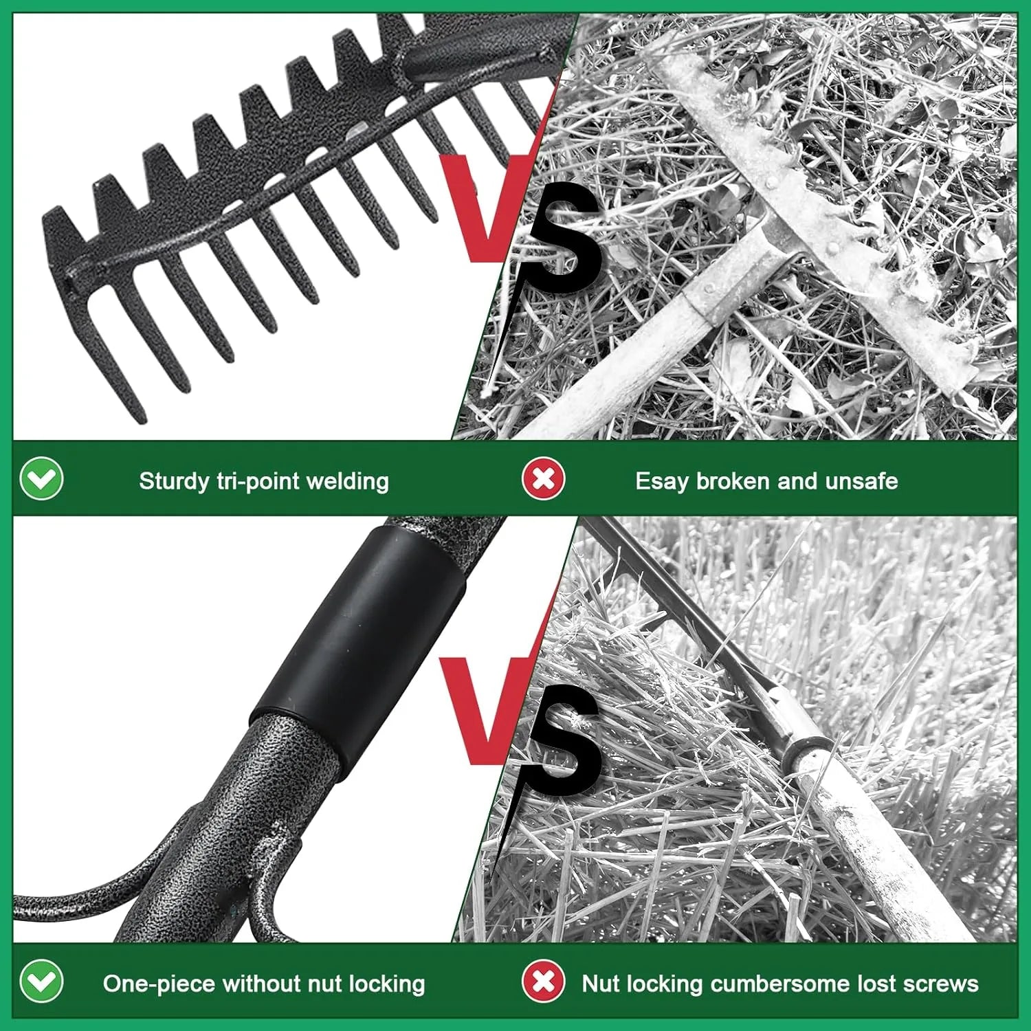 Heavy duty garden rake stainless steel handle lawn leveling and leaf gathering