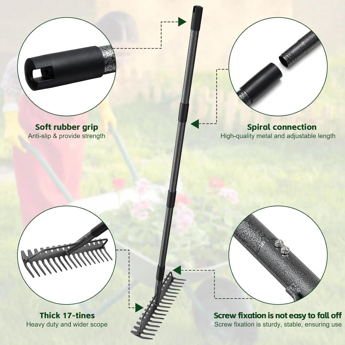 tine metal head rake for farming land management and thatch removal