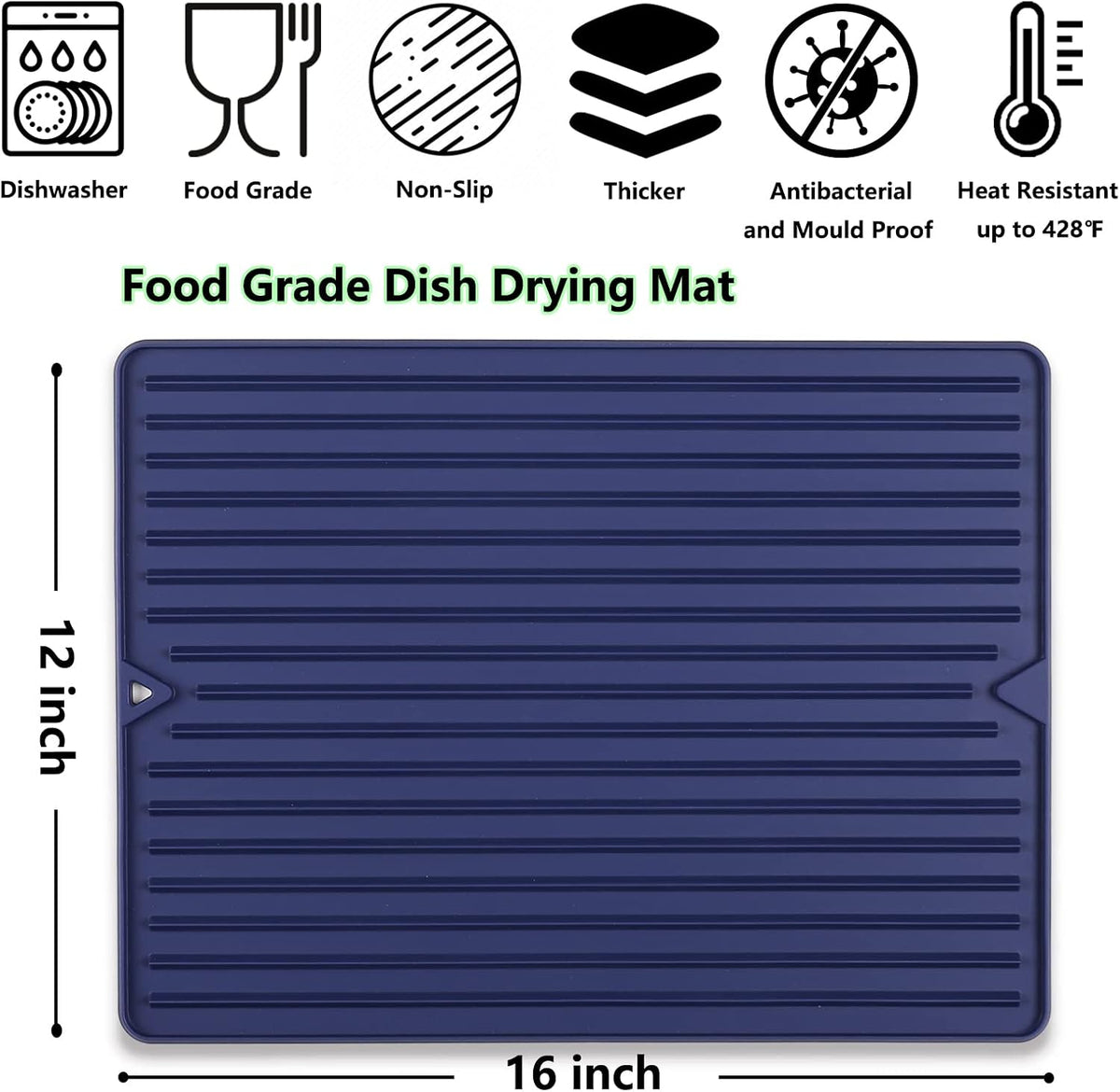 Silicone Dish Drying Mat, Flexible and Thick, 12" x 16", Blue | For Kitchen Counter and Bathroom, Heat Resistant Trivet, Countertop Protector, Non-Toxic, Non-Slip, For Under Dishes Rack