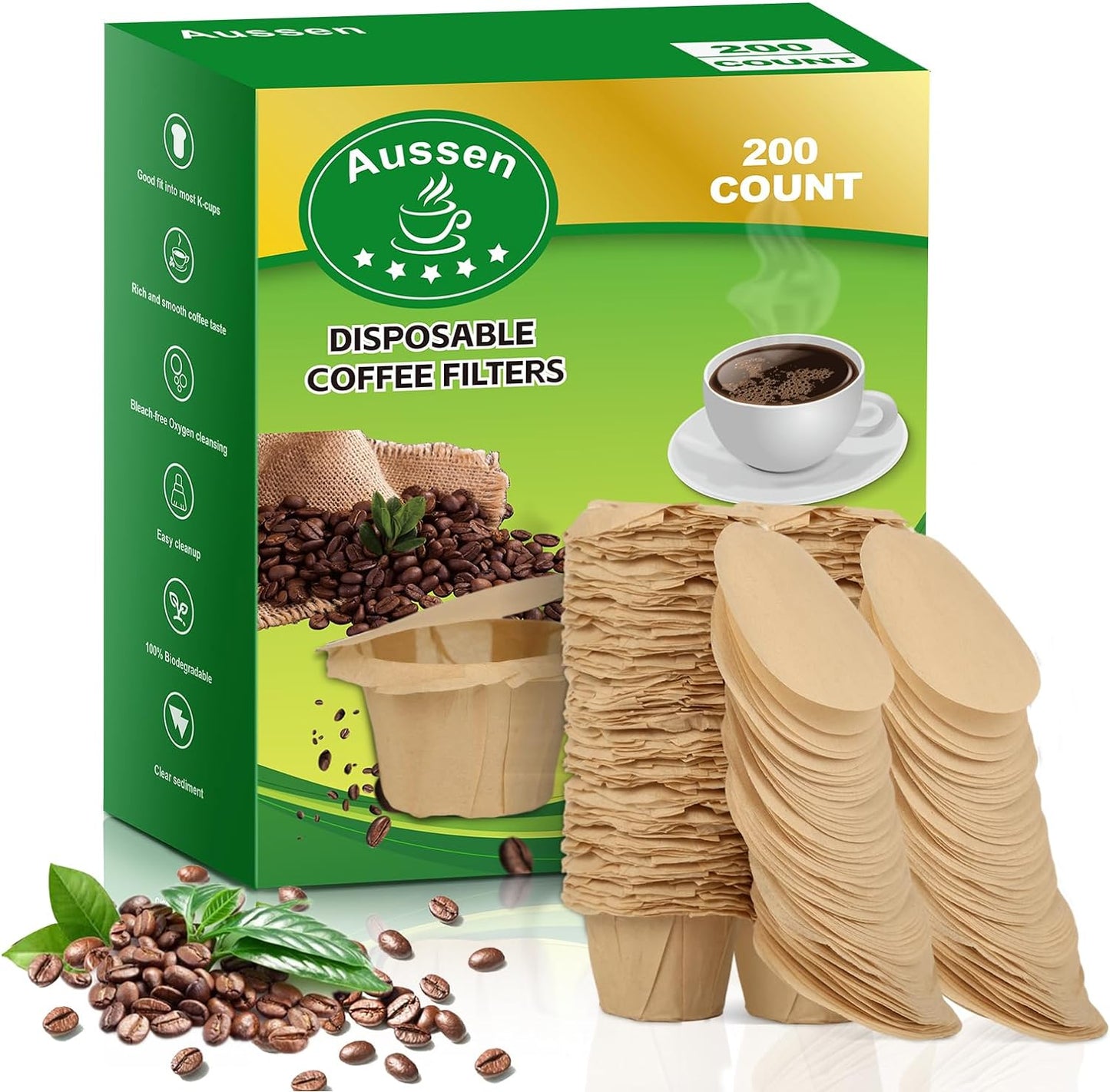 Aussen Disposable Coffee Paper Filters, Fits All Reusable K-Cup Coffee Pods | Replacement Kerig Filter, Works with Keurg Brewers Reusable Single Serve 1.0 &amp; 2.0, Tear Resistant, Natural with Lid, 200 Ct
