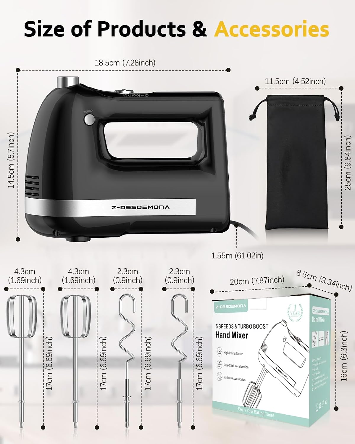 Electric Hand Mixer, Powerful Hand Mixer Electric Handheld with 304*(2*Beaters, 2*Dough Hooks),(1*Storage Bag) Hand Held Mixer with Turbo for Baking Cakes,Cream(Black)