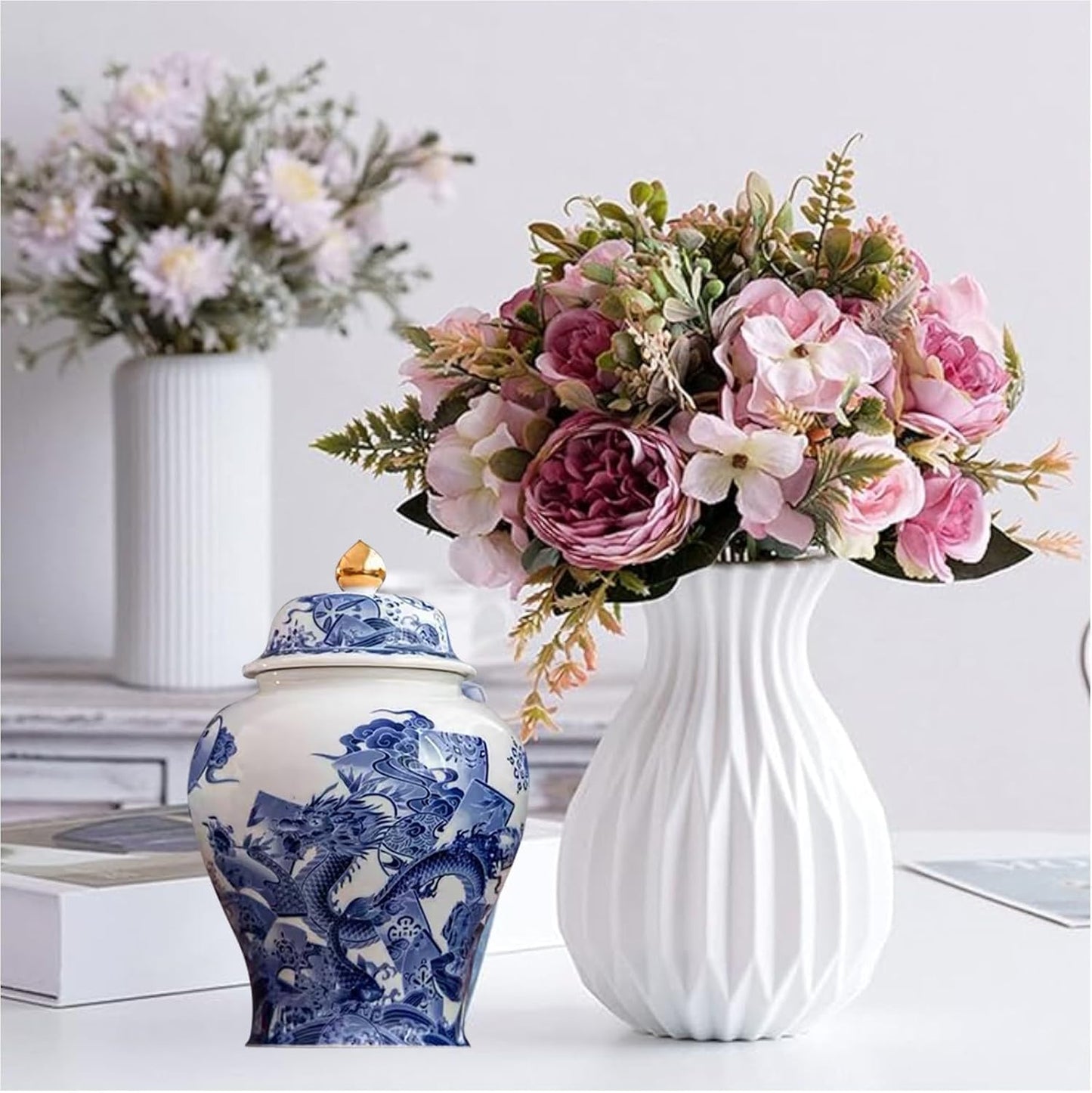 8 inches dragon Ginger Jar with Lid blue white Decorative Ceramic