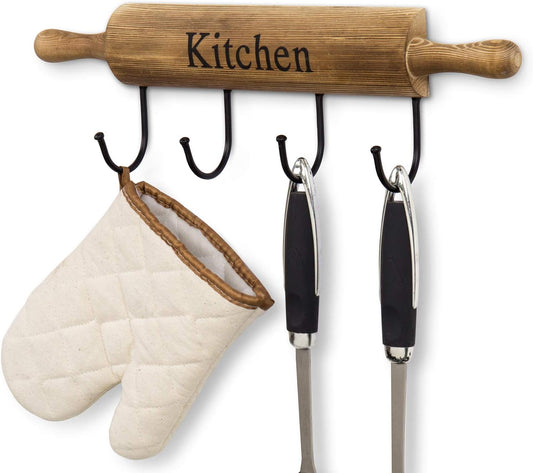 MyGift Rustic Burnt Brown Wood Kitchen Hooks for Hanging Cooking Utensils, Coffee Mugs and Hand Towels, Decorative Rolling