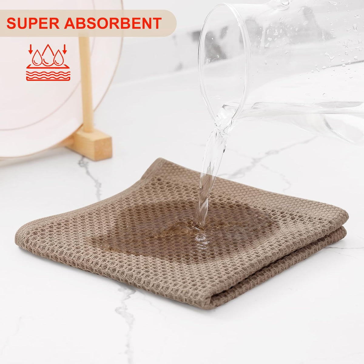 Kitinjoy 100% Cotton Kitchen Dish Cloths, 6 Pack Waffle Weave Ultra Soft Absorbent Dish Towels for Drying Dishes Quick Drying Kitchen Towels Dish Rags, 12 X 12 Inches, Tan