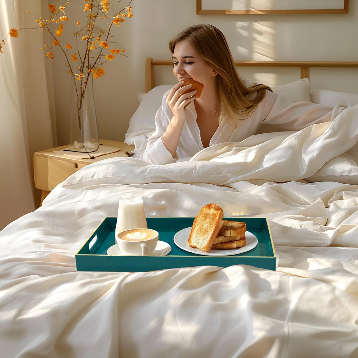MAONAME Teal Decorative Tray for Coffee Table, Serving Tray with Handles | Plastic Melamine Tray, Modern Ottoman Tray, Rectangular Countertop Organizer Tray for Living Room, 15.8"L x 10.2"W x 1.4"H