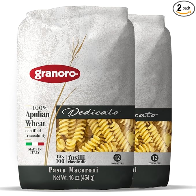 Granoro Dedicato Fusilli #100 - Authentic Italian Pasta, Made from 100% Puglia Durum Wheat Semolina, Non-GMO, Vegan, 1 lb Bags (Pack of 2)