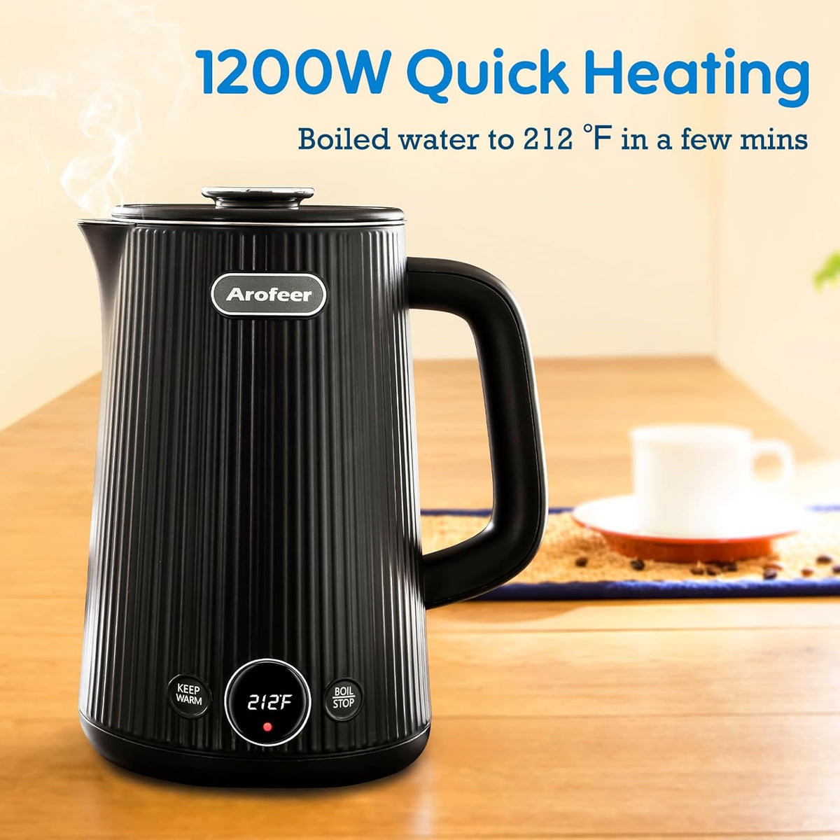 Arofeer® Electric Kettle Temperature Control, 1.7L Stainless Steel Electric Tea Kettle with LED Display, 5 Presets, 4-Hour Keep Warm, Fast Boil Hot Water Kettle for Tea, Coffee &amp; Oatmeal, Black