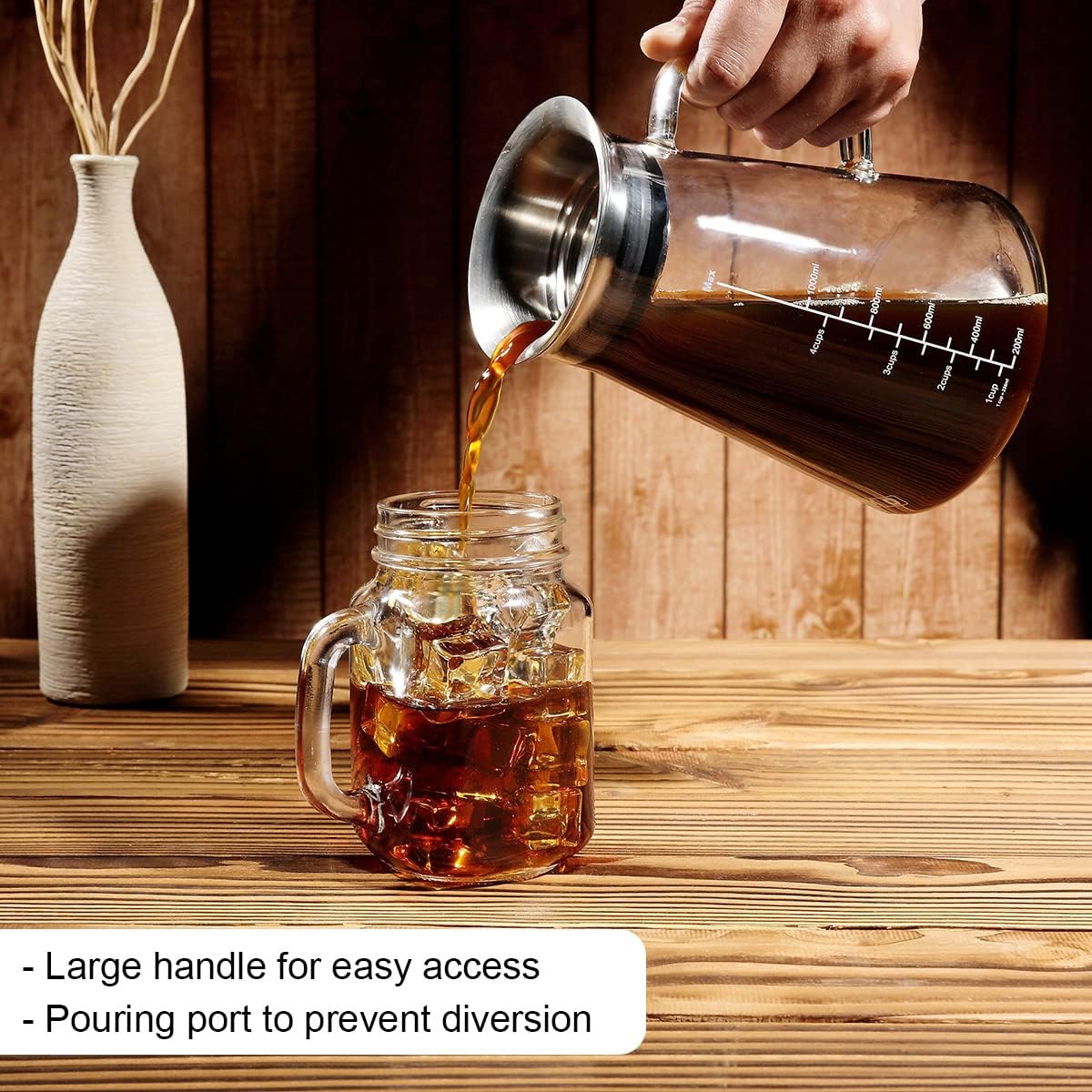 Aquach 51oz Cold Brew Maker, Borosilicate Glass Iced Coffee Tea Pitcher | Dishwasher Safe, Up to 2 Weeks Freshness, Tapered Stability, Refrigerator Fit, 304 Stainless Filter