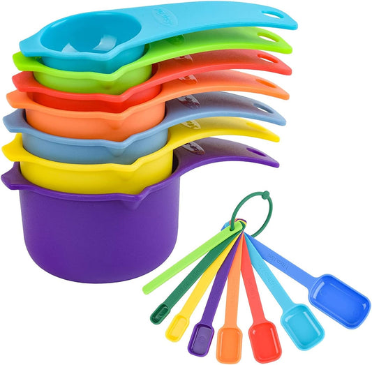 Measuring Cups and Spoons Set 15, 7 Plastic Measuring Cup Set, 7 Spice Long Handle Measuring Spoons with 1 Leveler for