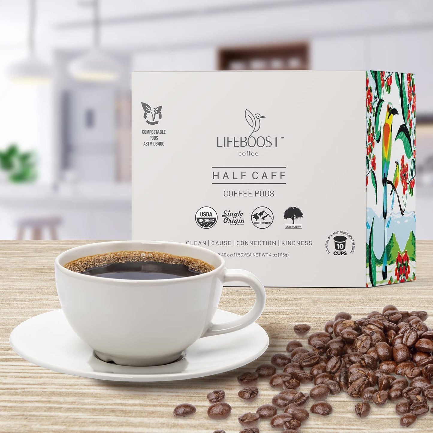 Lifeboost Half Caff Coffee K Cups - Low Acid Half Caff Coffee Pods - Non-GMO Mold Free Pods Compatible with Keurig &amp; Keurig 2 - Third Party Tested for Mycotoxins and Pesticides - 10 Count
