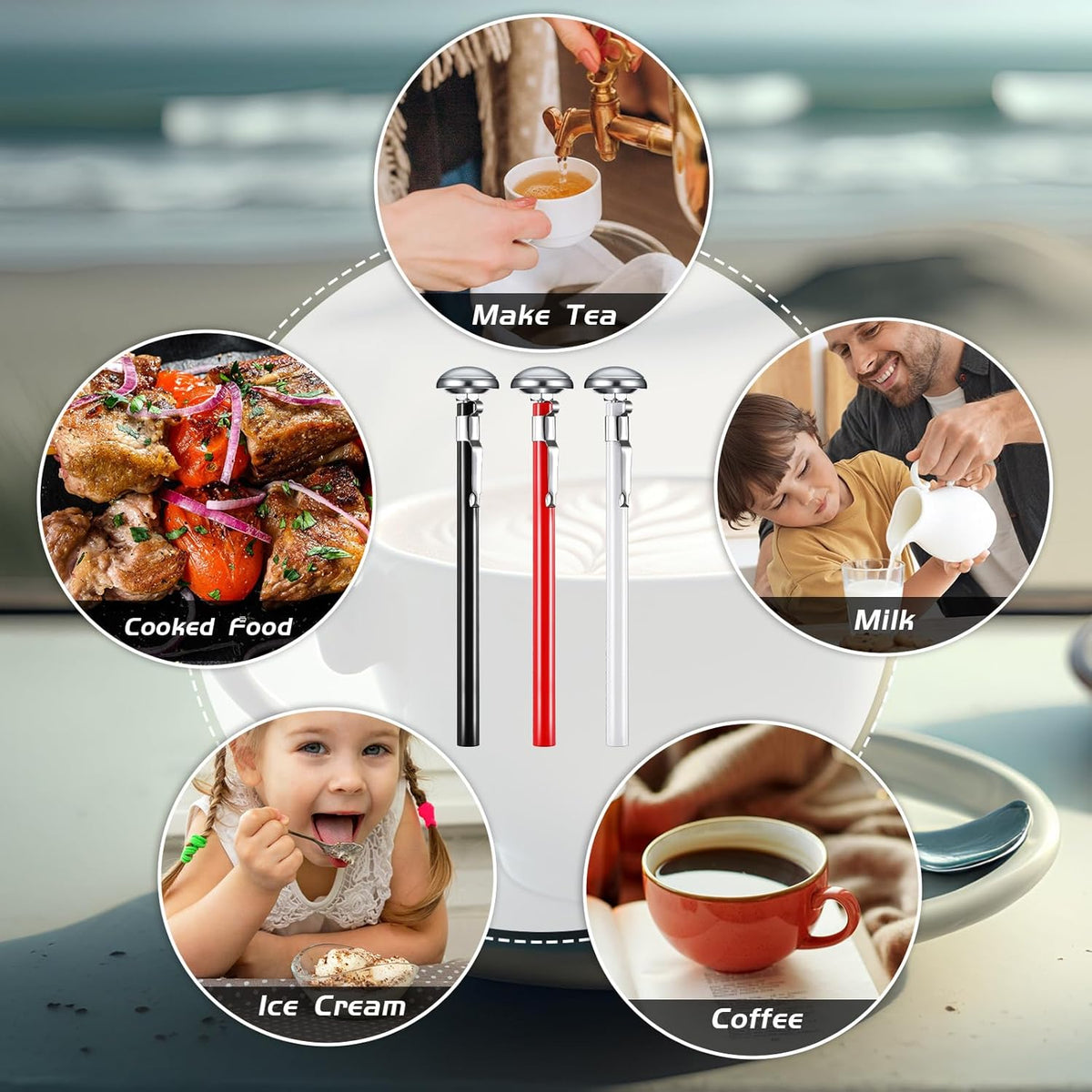 Xuhal 6 Pcs Stainless Steel Kitchen Thermometer with 5 Inch Long Stem 1 Inch Dial Thermometer Milk Frothing Food for Oven Probe Meat Grill BBQ Cooking Chocolate Water(Black, Red, White)