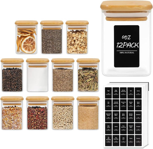 ComSaf Spice Jars with Labels 6 oz 12Pack, Small Spice Containers Starter Set, Glass Seasoning Jars with Lids, Square