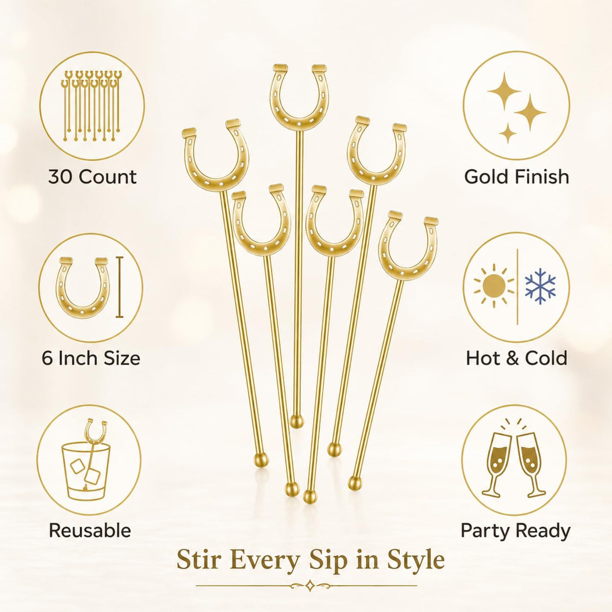 Horseshoe Drink Stirrers 6 Inch Plastic, Gold, 30 Pcs | Reusable U Shaped Swizzle Sticks for Cocktails Coffee, Party Bar Decorations for Derby Themed Weddings Events