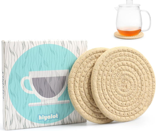 4.8" Khaki Cotton Coasters for Drinks Set of 2 – Absorbent Woven Drink Pads for Coffee & Tea, Boho Minimalist Cup Mats for