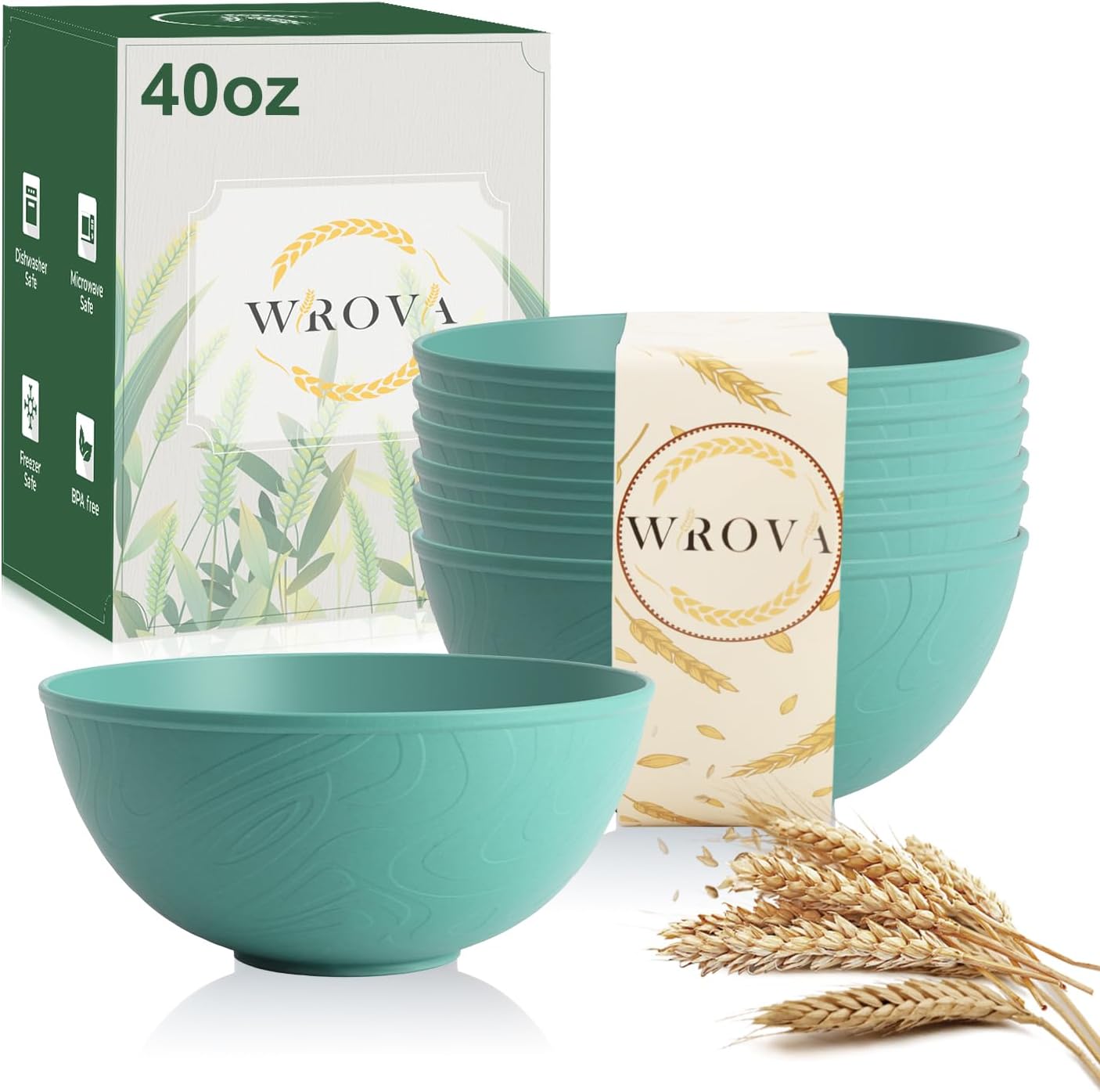 Wrova Wheat Straw Bowls for Kitchen, Anti-Scald Thick Soup Bowls 40oz, 6PCS | Green Plastic Bowls Dishwasher Safe, Microwave Safe Bowls, Plastic Cereal Bowls Reusable, Unbreakable Bowls Easy to Clean