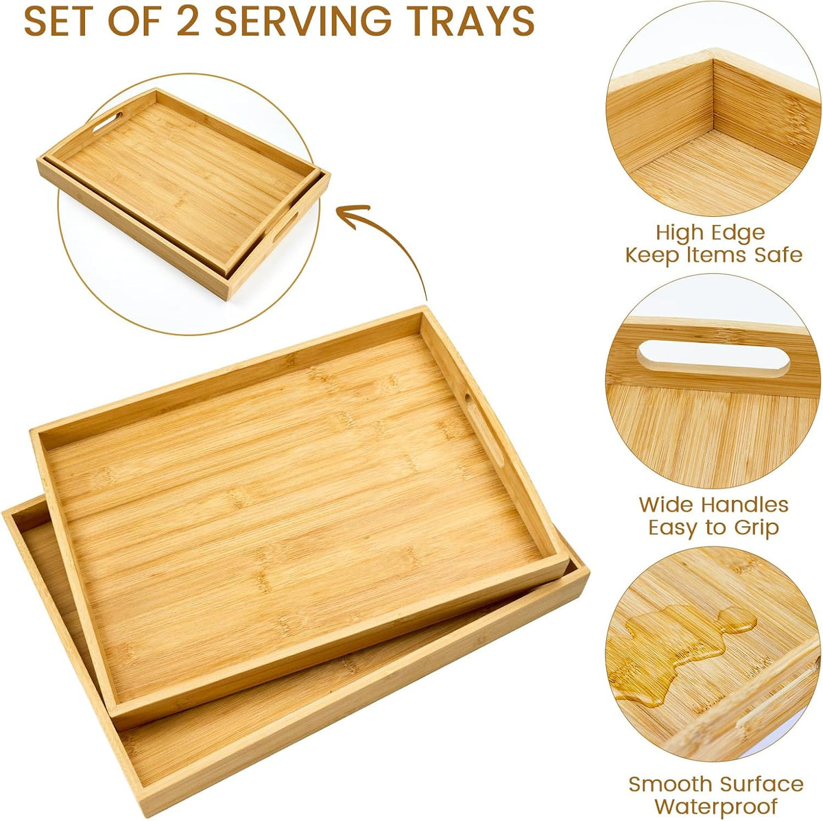GOLD HONEY Bamboo Serving Tray with Handles, Wooden Serving Tray Set of 2 | Decorative Serving Trays with Handles for Living Room, Bathroom, Bedroom, Kitchen, Outdoor and Storing - 17x13in, 16x12in