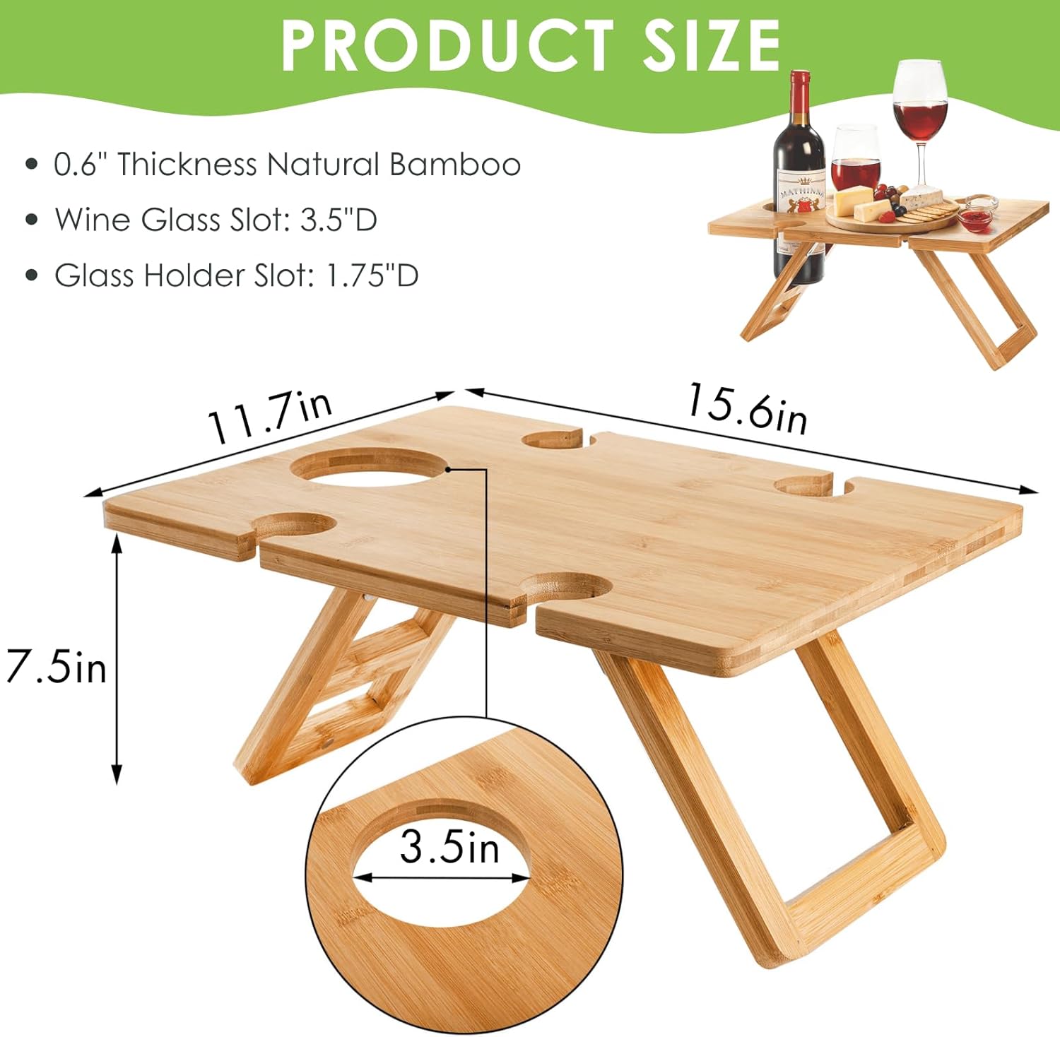 Portable Wine Picnic Table with 5 Wine Glasses Holder, Foldable Champagne Picnic Snack Table, Wine and Cheese Table for