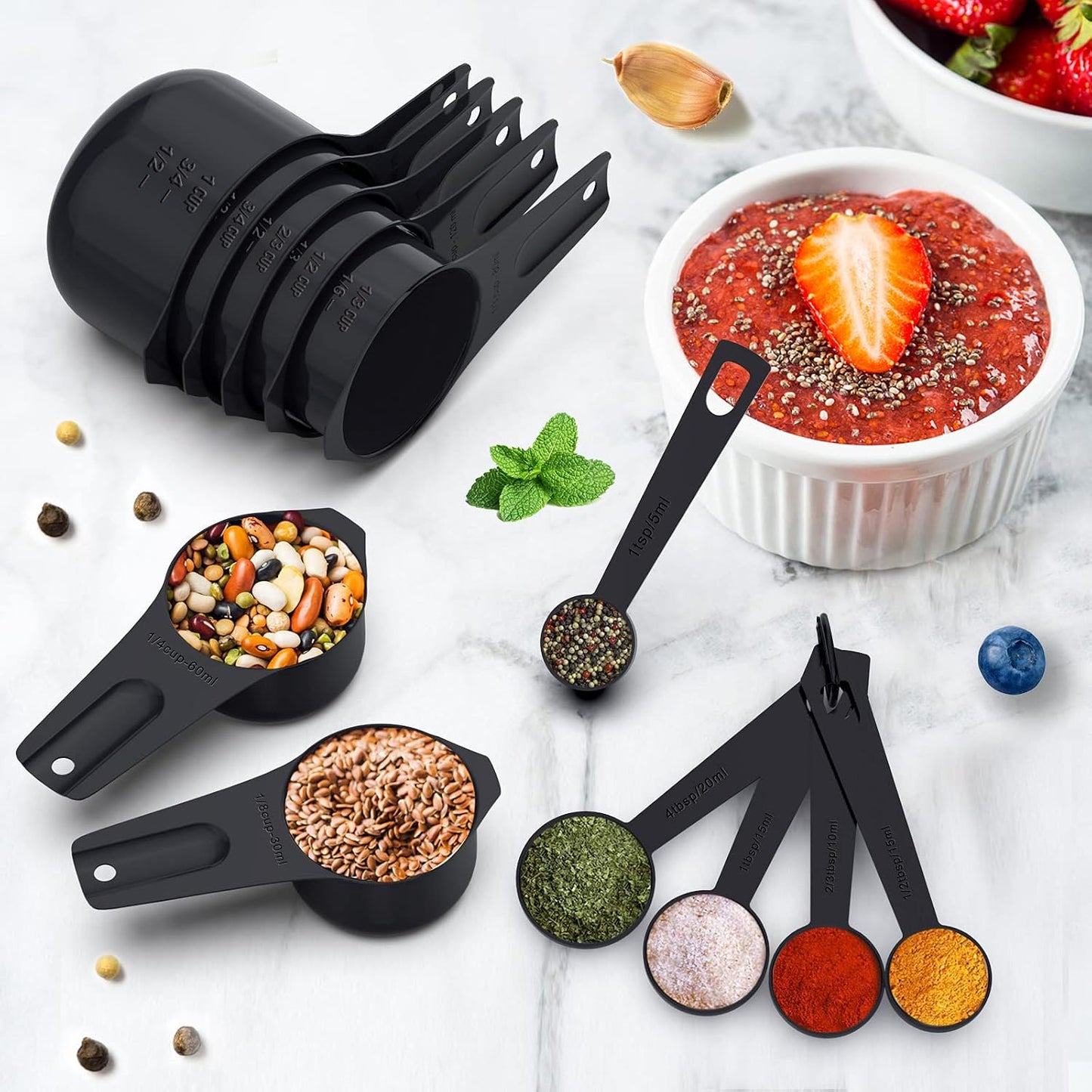 21 Pcs Stainless Steel Measuring Cups and Spoons Set, Wildone Stackable Metal Measuring Cups and Spoons for Cooking &amp; Baking, Includes 7 Cups, 9 Spoons and 5 Mini Spoons（Black）